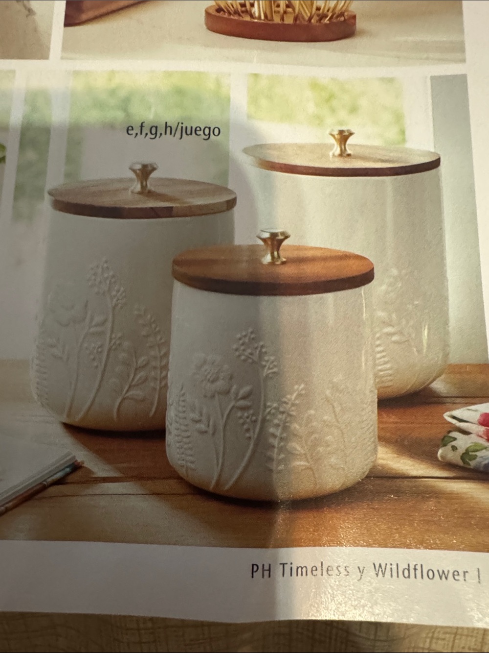 Princess House White Ceramic Wildflower Canisters with Wood Lids